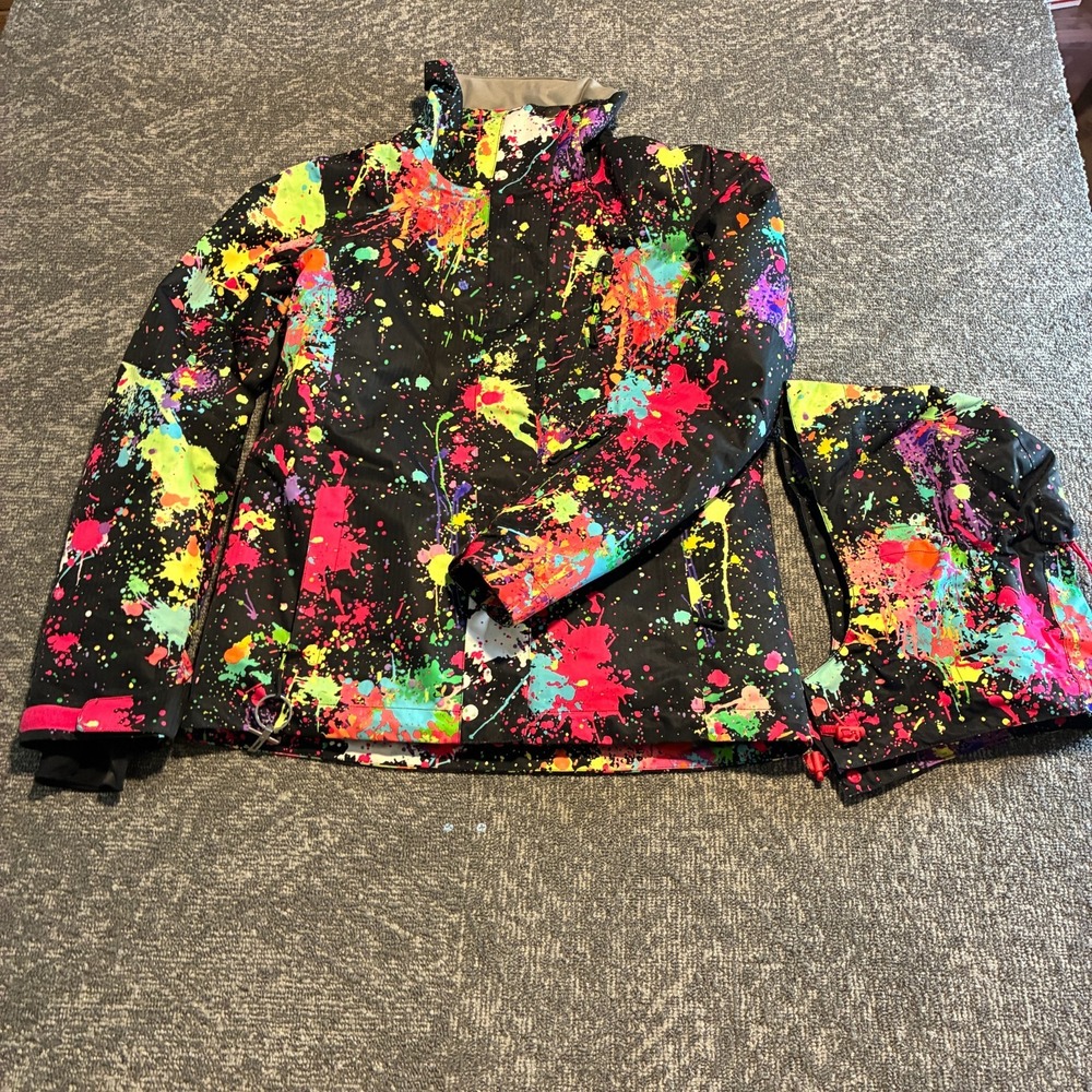 GSOU Snow 10K Waterproof Ski Snowboard Jacket Neon Paint Splatter Hooded S